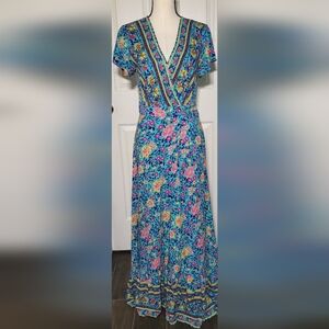 ZESICA Boho Floral Maxi Dress Small Blue Pink Wrap Tie Waist  Cottagecore